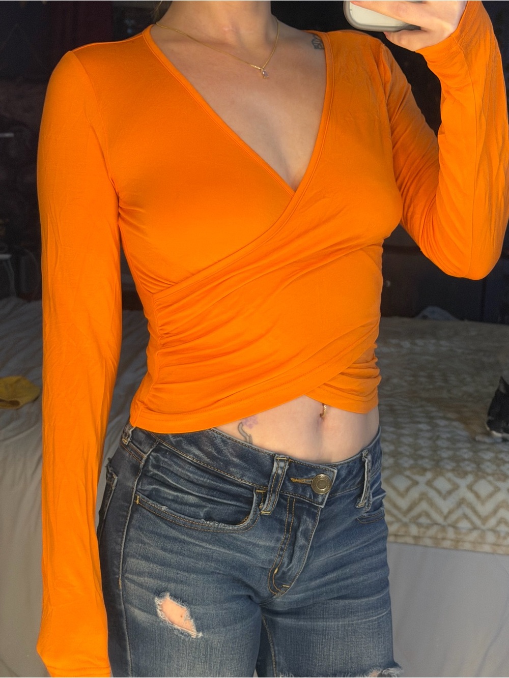 Women's Orange Wrap-Style Long Sleeve Top